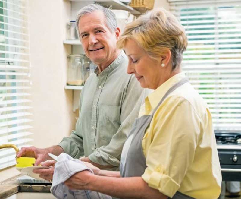 couple washing dishes in the kitchen