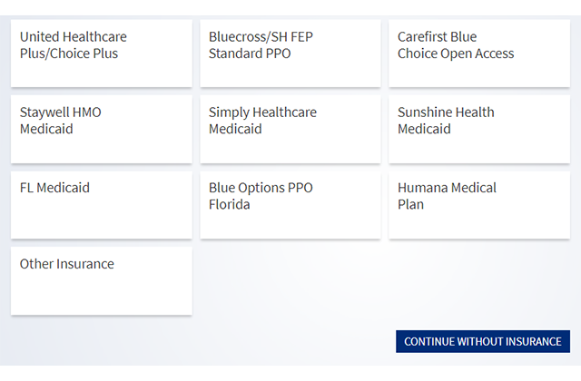 Selections for different insurances shown.